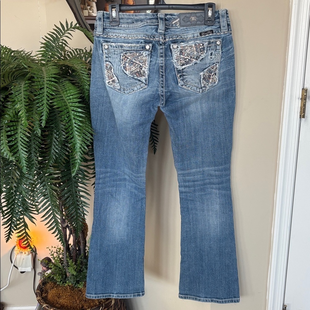Miss Me Medium Wash Bootcut Blue Jeans Sequin Embellished Pocket Patchwork Y2K